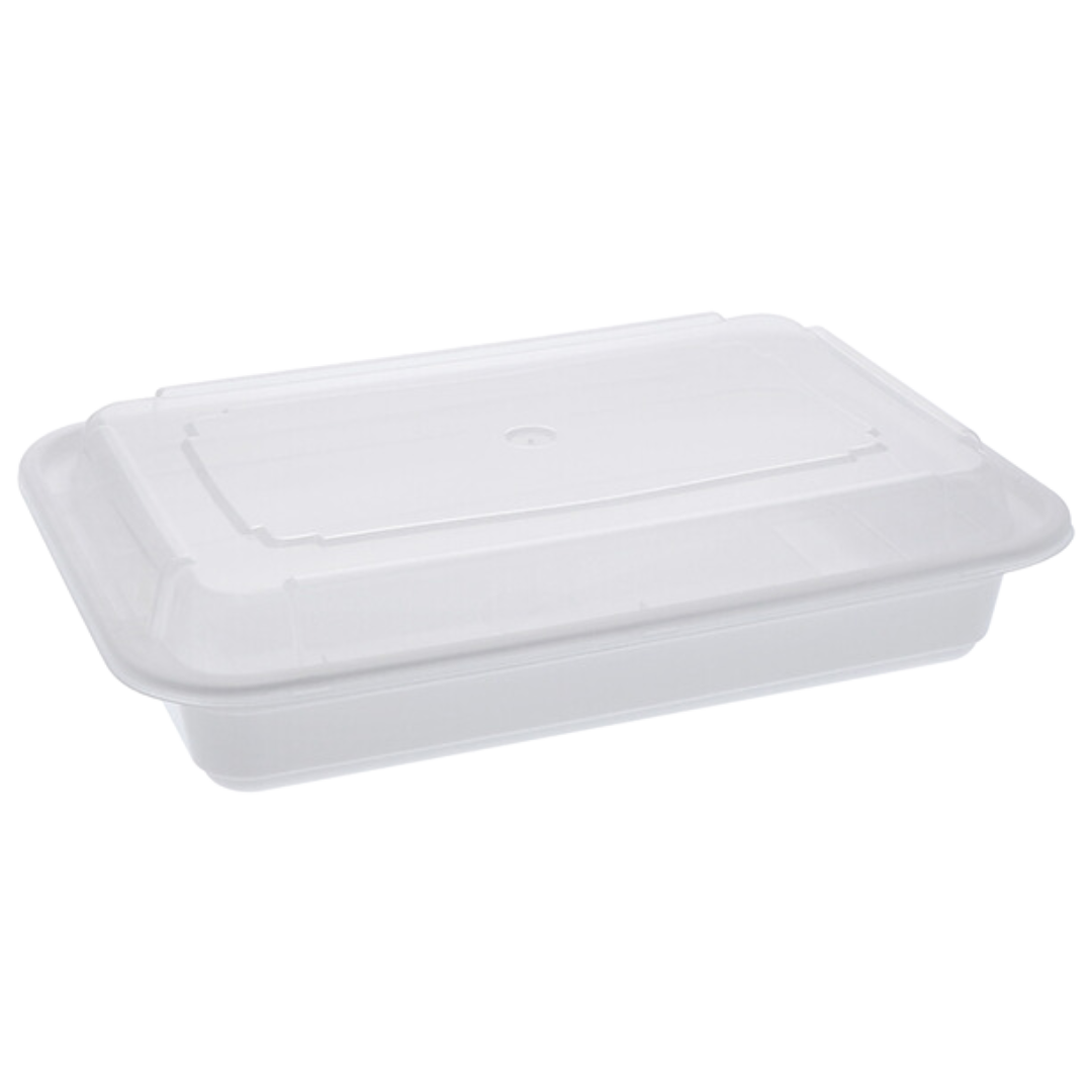 28 oz White Rectangular Take-Out Microwaveable Container with Clear Lid