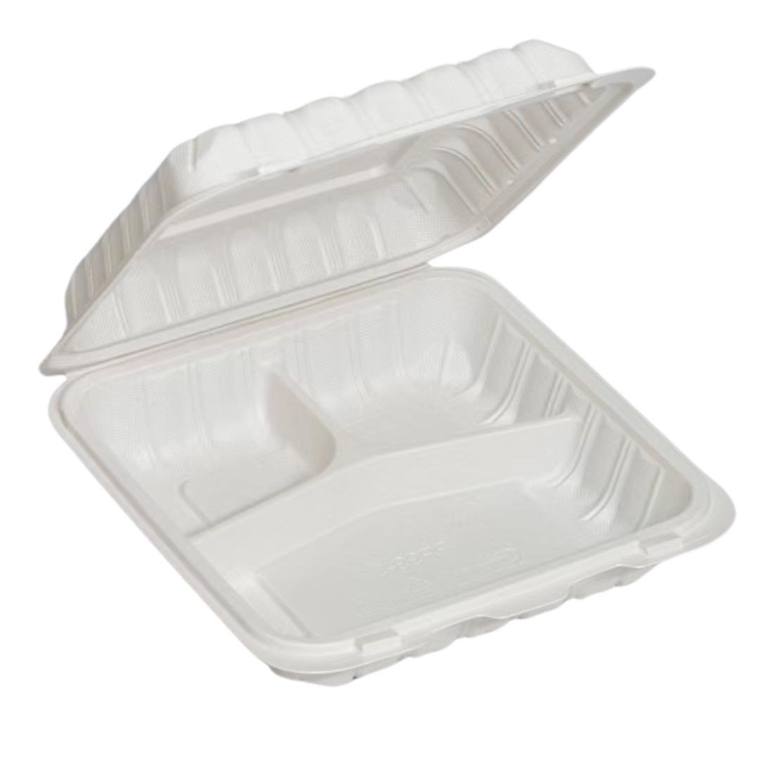9" x 9.25" x 3" White MFPP Take-Out Container - 3-Comp.