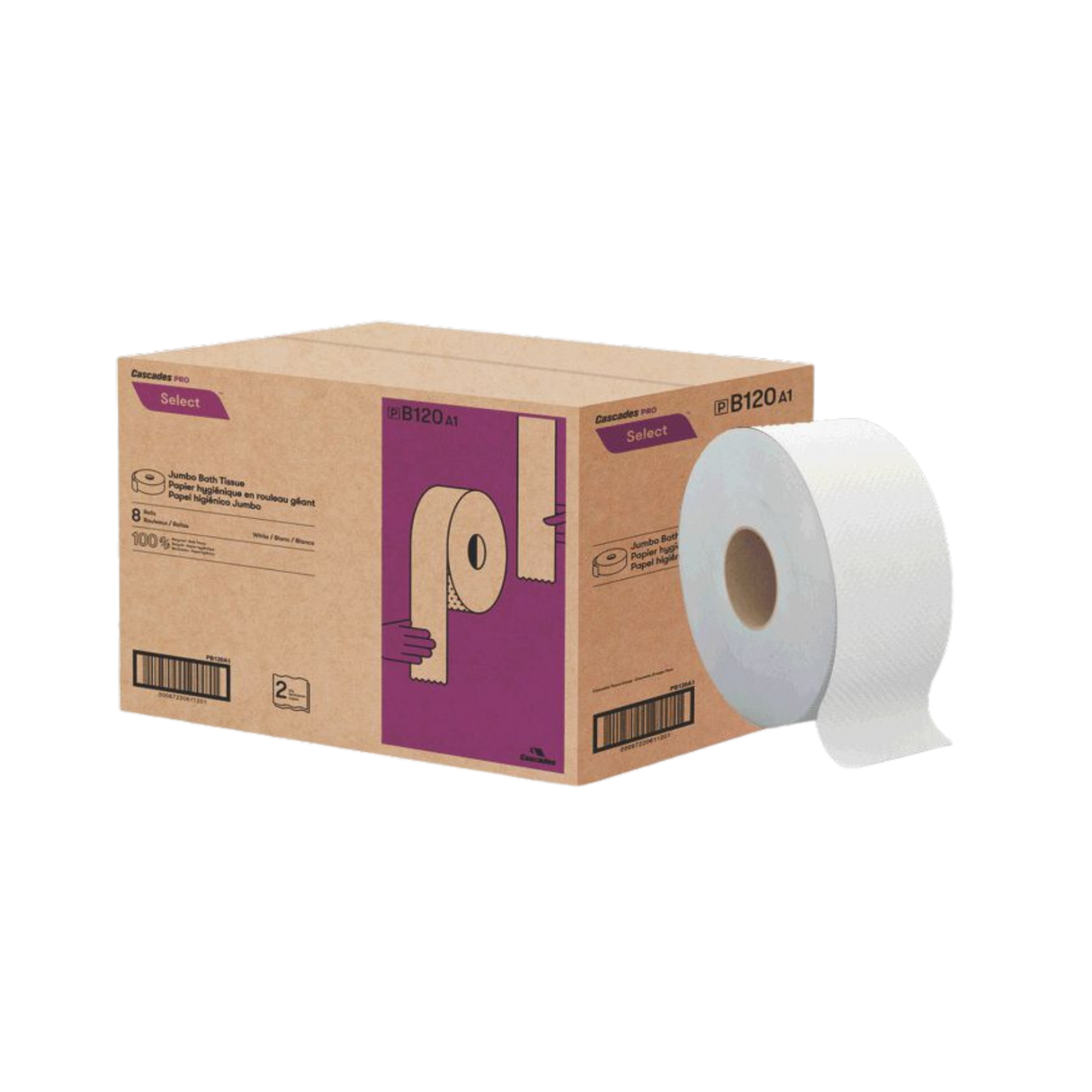 3.3" x 900', 2 ply Jumbo Toilet Paper - 8 Rolls