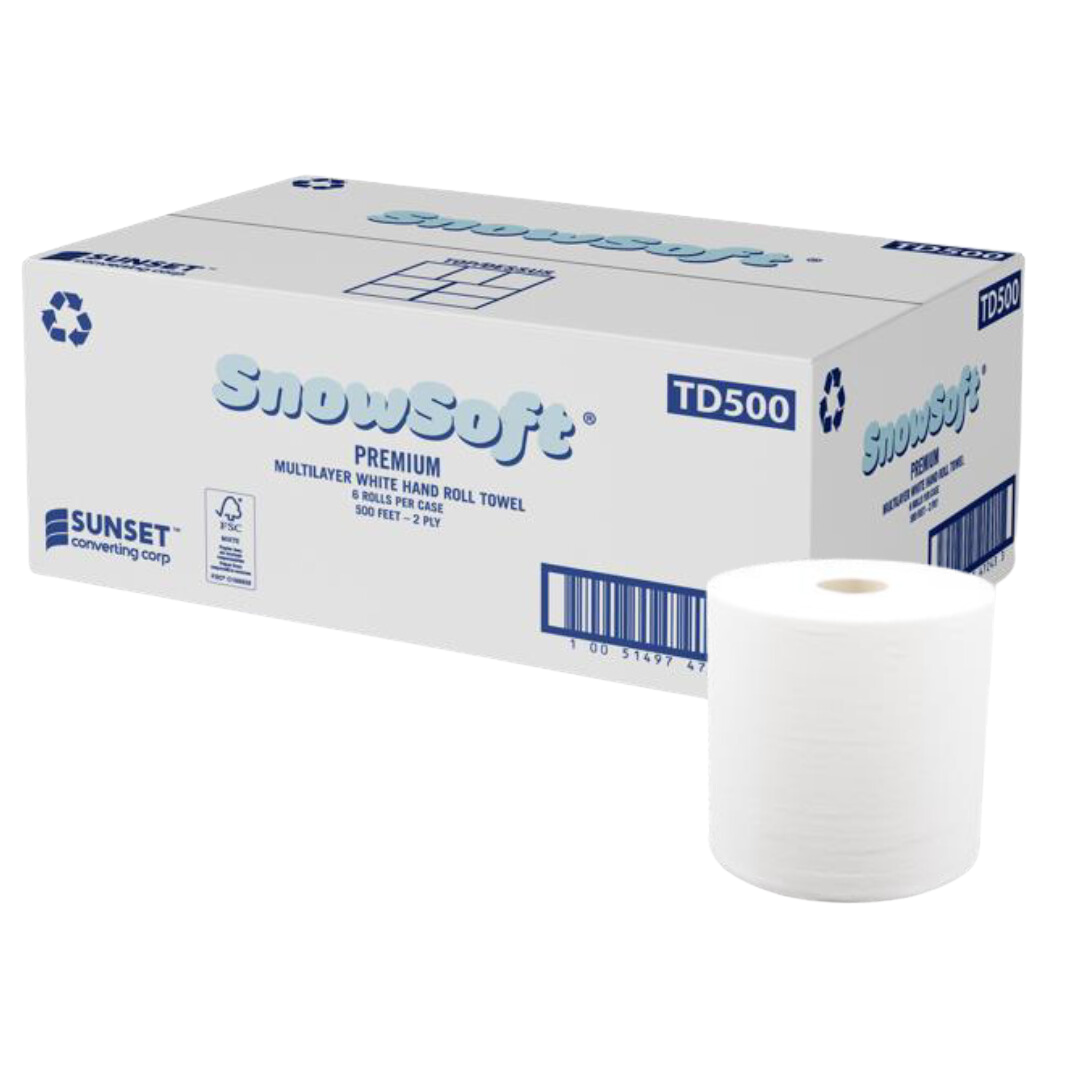 7.65" x 500', 2 ply White Hand Towel Rolls - 6 Rolls