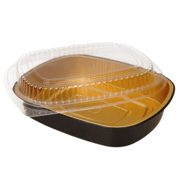 52 oz Rectangular Black Gold SmoothWall Foil Container with Clear Lid