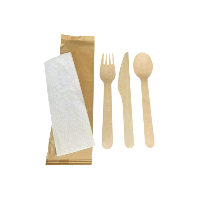 Wood Utensil Kit that includes a Knife, Fork, Spoon & Napkin