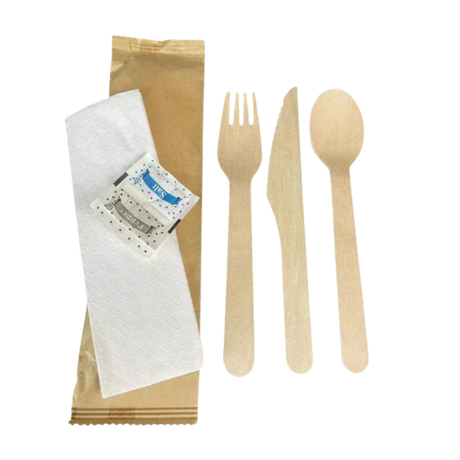 Wooden Utensil Kit with a Knife, Fork, Spoon, Napkin, Salt & Pepper
