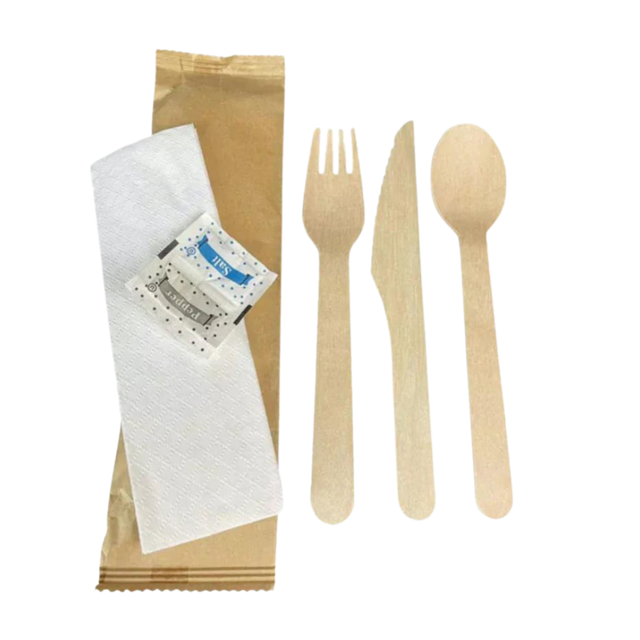 Wooden Utensil Kit with a Knife, Fork, Spoon, Napkin, Salt & Pepper