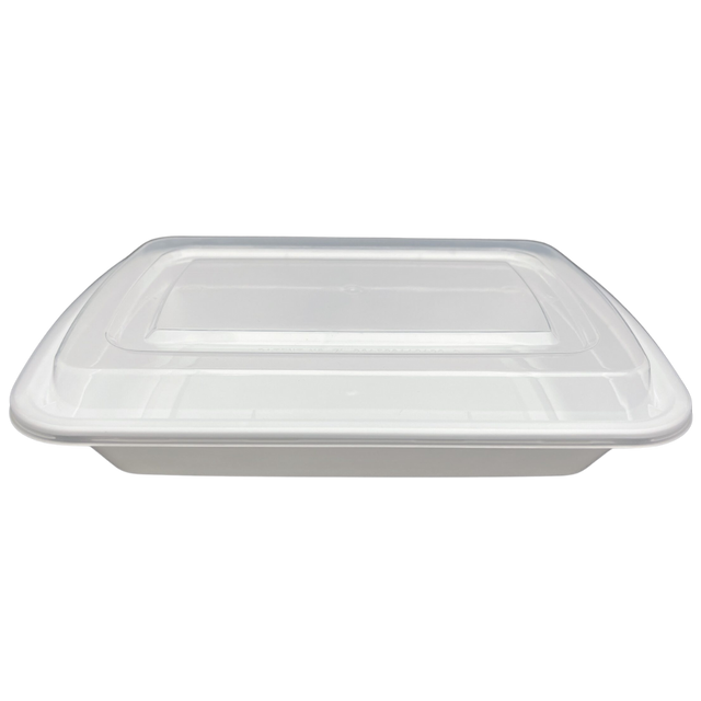 28 oz White Rectangular Take-Out Microwaveable Container with Clear Lid