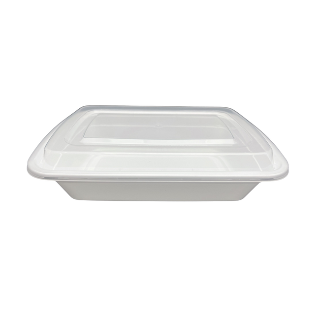 38 oz White Rectangular Take-Out Microwaveable Container with Clear Lid