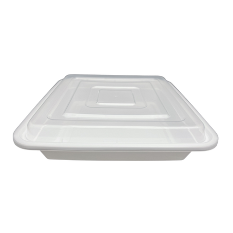 48 oz White Square Take-Out Microwaveable Container with Clear Lid