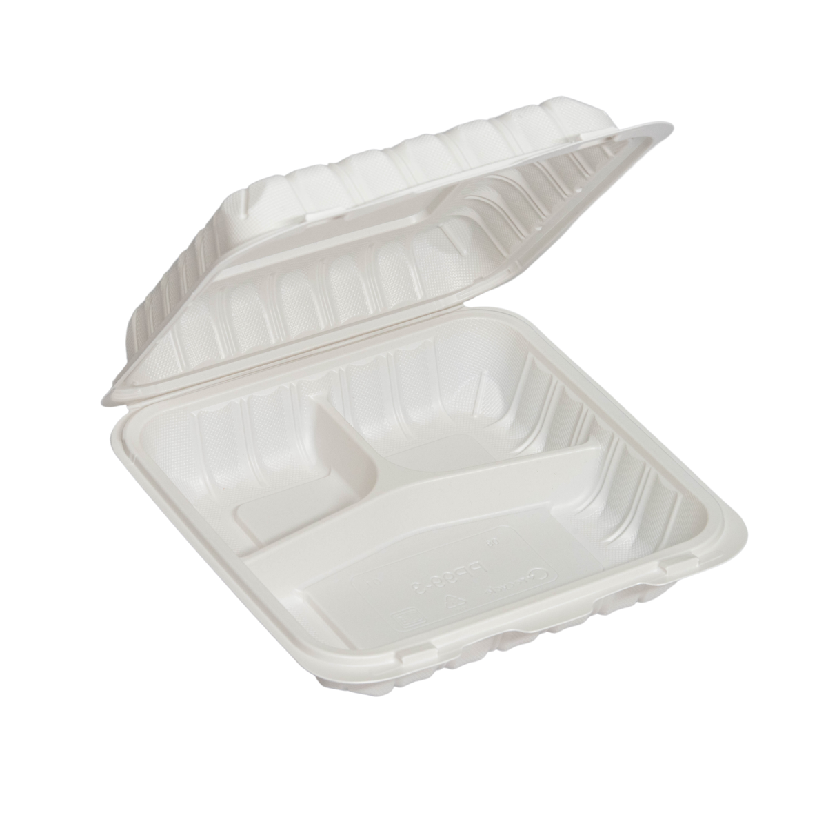 7" x 7" x 2.75" White MFPP Take-Out Container - 3-Comp.
