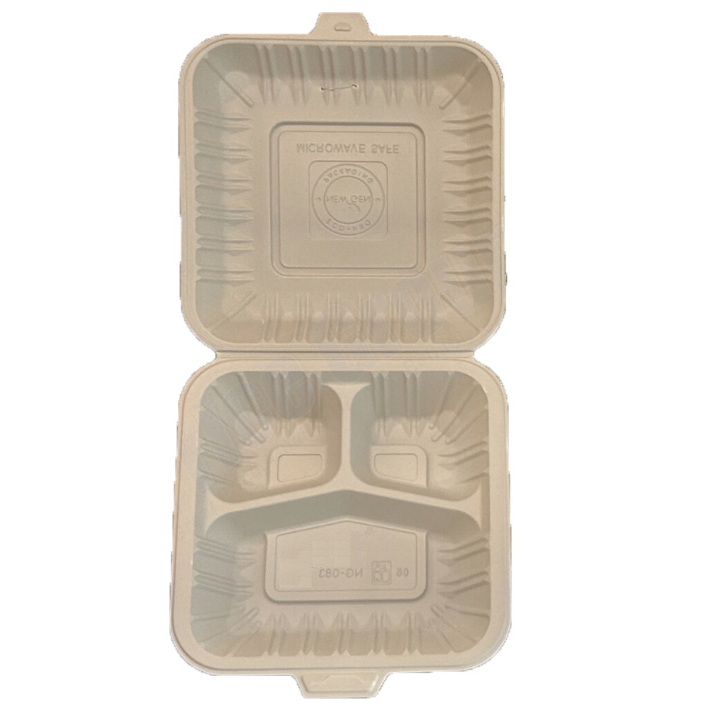 8" x 8" x 3.75" White MFPP Take-Out Container - 3-Comp.