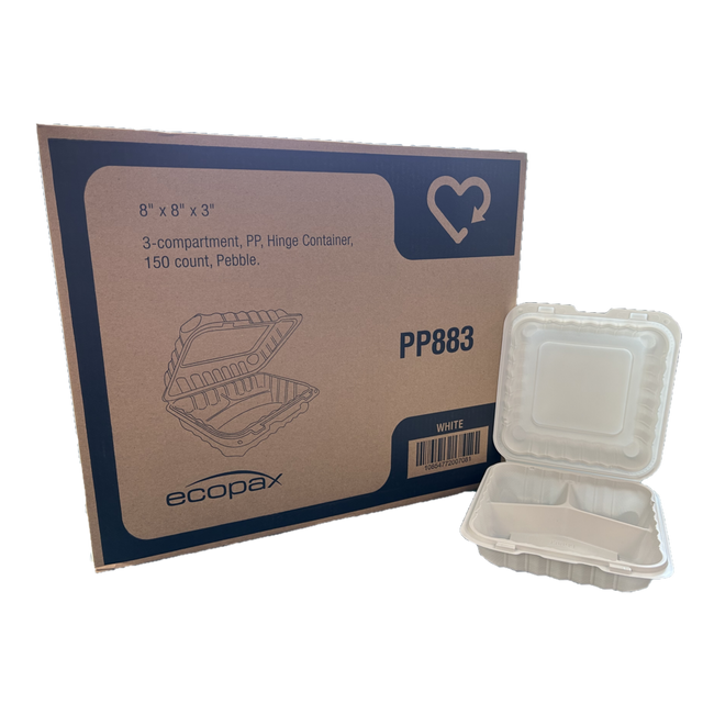8" x 8" x 3" White MFPP Take-Out Container - 3-Comp.