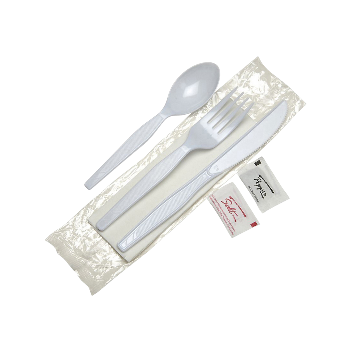 White Plastic Utensil Kit with Knife, Fork, Spoon, Napkin, Salt & Pepper