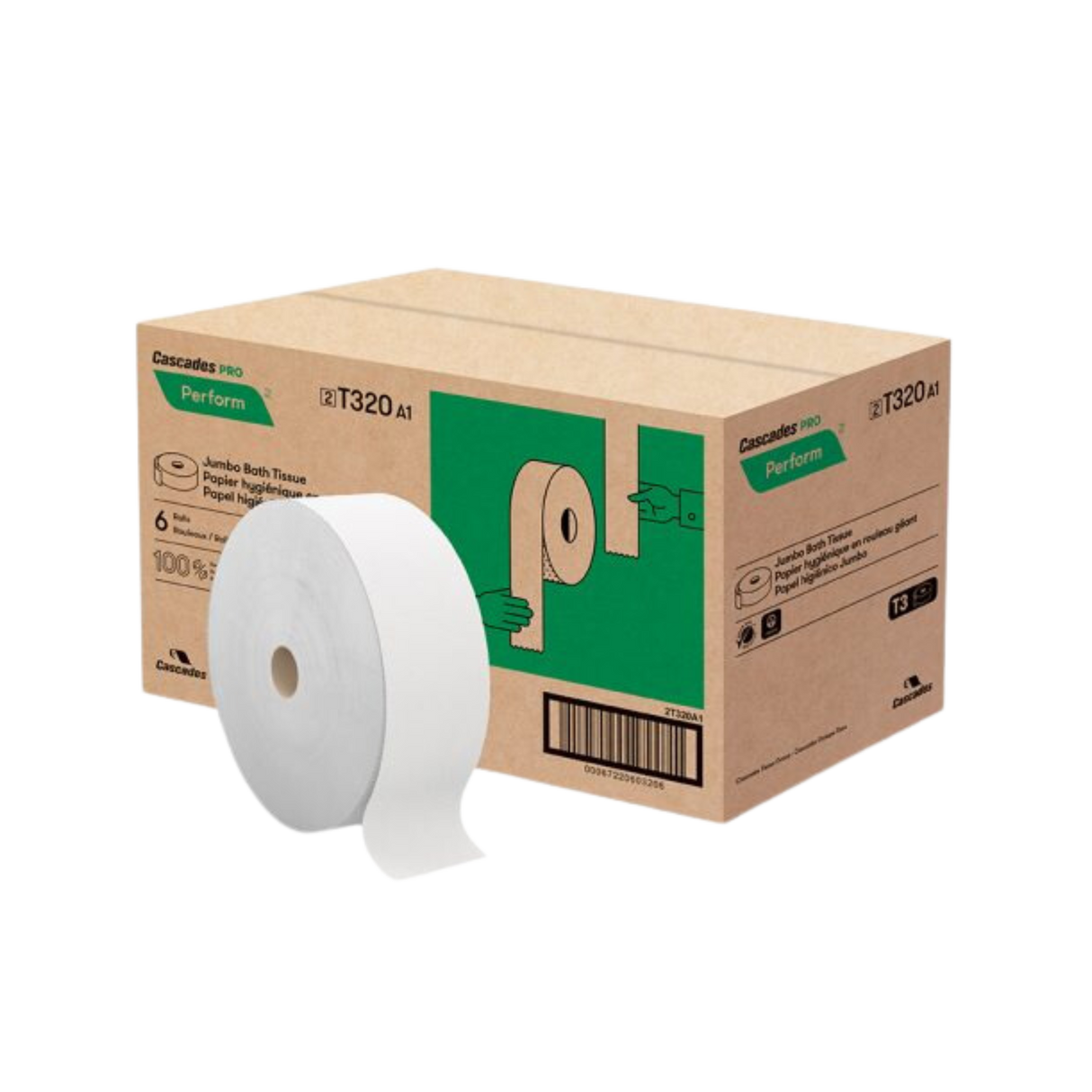 3.4" x 1250', 2 ply Tandem Jumbo Roll Tissue - 6 Rolls
