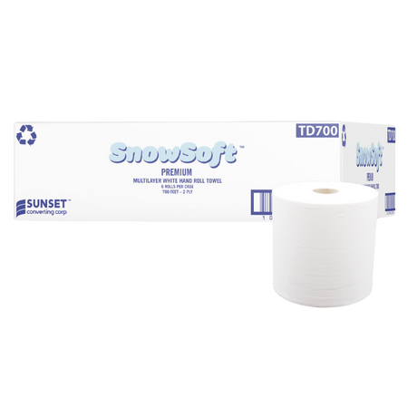 7.65" x 700' TAD White 2 Ply Hand Towel Rolls - 6 Rolls