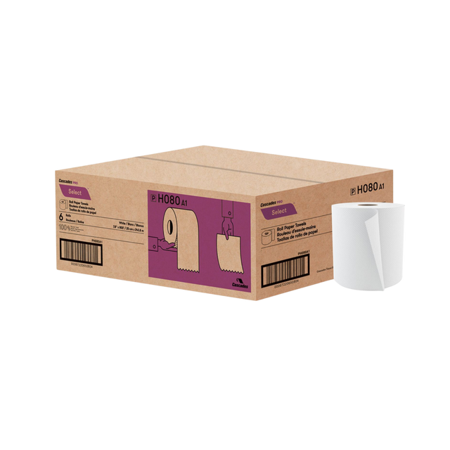 8" x 800' White Hand Towel Rolls - 6 Rolls