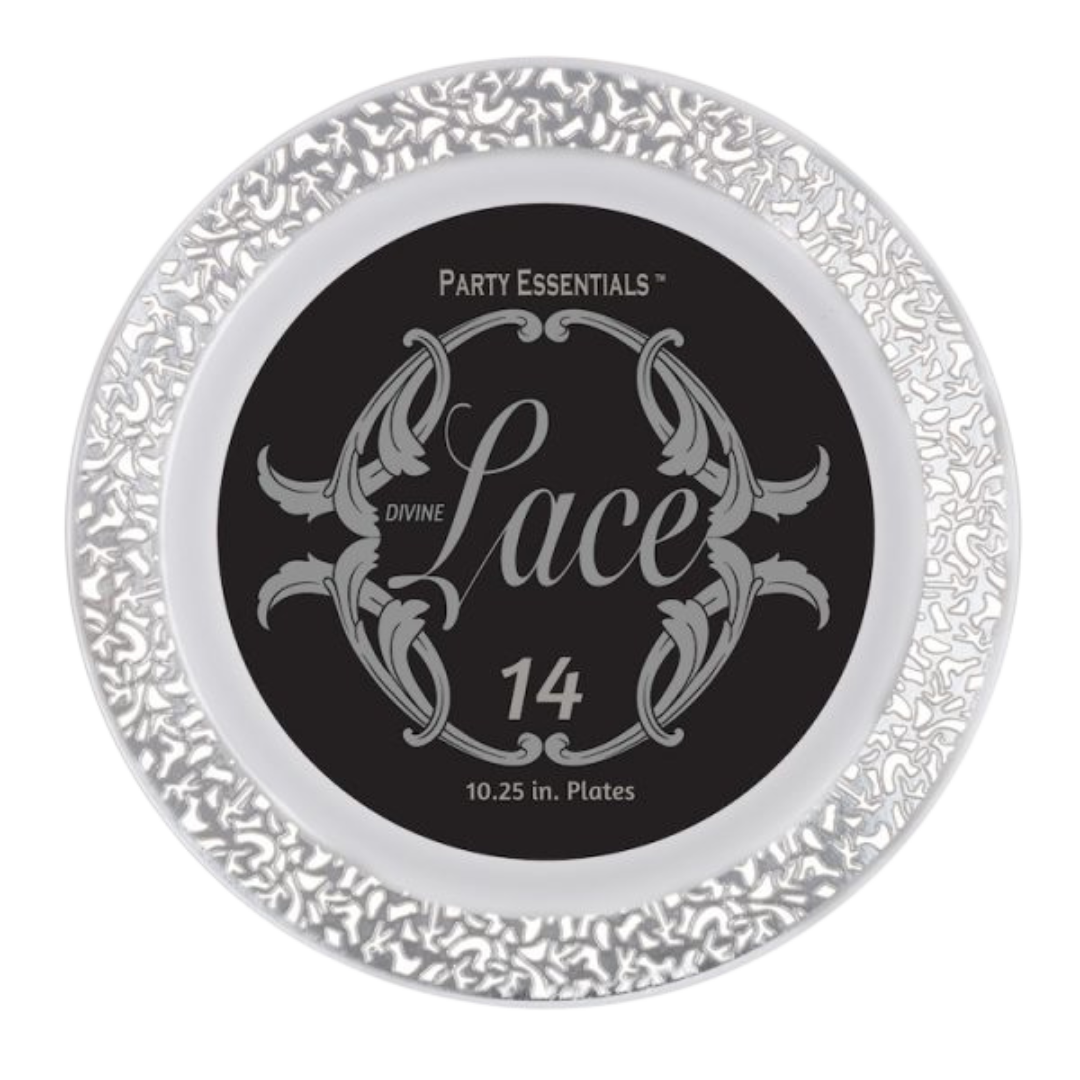 10.25" White Lace Plates with Silver Edge